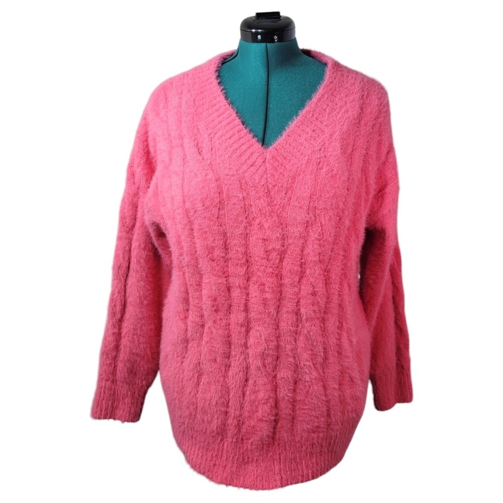 Lucky Brand Sweater Women Large Pink Fuzzy Cable Knit V-Neck Pullover Barbiecore